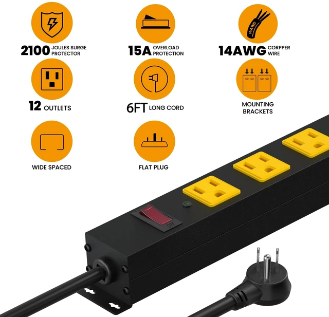 Alt view image 6 of 7 - Metal 12 Outlet Mountable Power Strip, 2100J Surge Protector with Heavy Duty 6ft Extension Cord, Wide Spaced and Wall Mount Metal Powerstrip for Garage, Desk, Industrial, Shop and Indoor (6ft - 2Pack)