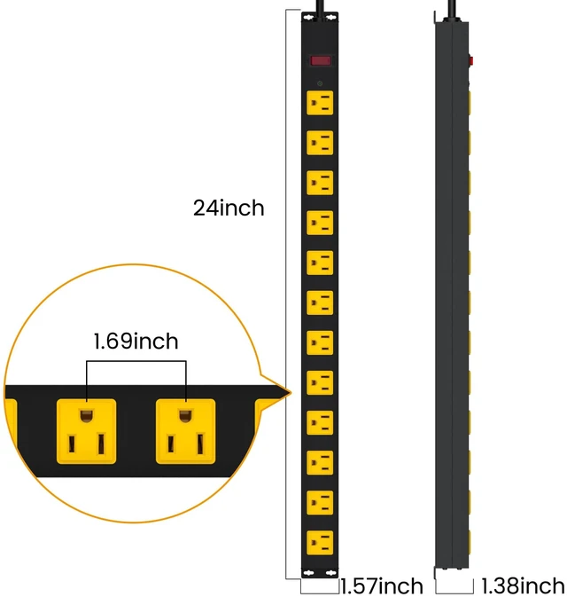 Alt view image 7 of 7 - Metal 12 Outlet Mountable Power Strip, 2100J Surge Protector with Heavy Duty 6ft Extension Cord, Wide Spaced and Wall Mount Metal Powerstrip for Garage, Desk, Industrial, Shop and Indoor (6ft - 2Pack)