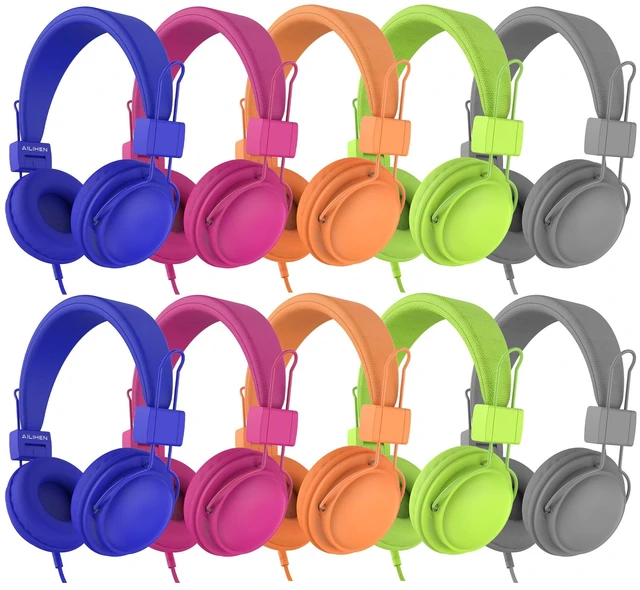 Main image of Kids Headphones Bulk 10-Pack for K-5 Class Library Online Learning School Headphones with Mic HD, 85dB Volume Limit, SharePort, Stickers, 3.5mm Jack for Library/Computer/Chromebook-Multicolor