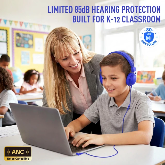 Alt view image 2 of 7 - Kids Headphones Bulk 10-Pack for K-5 Class Library Online Learning School Headphones with Mic HD, 85dB Volume Limit, SharePort, Stickers, 3.5mm Jack for Library/Computer/Chromebook-Multicolor