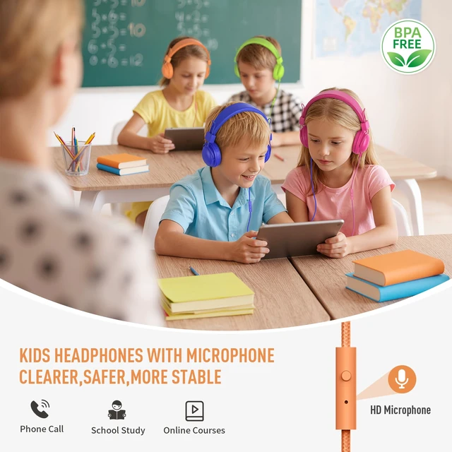 Alt view image 3 of 7 - Kids Headphones Bulk 10-Pack for K-5 Class Library Online Learning School Headphones with Mic HD, 85dB Volume Limit, SharePort, Stickers, 3.5mm Jack for Library/Computer/Chromebook-Multicolor