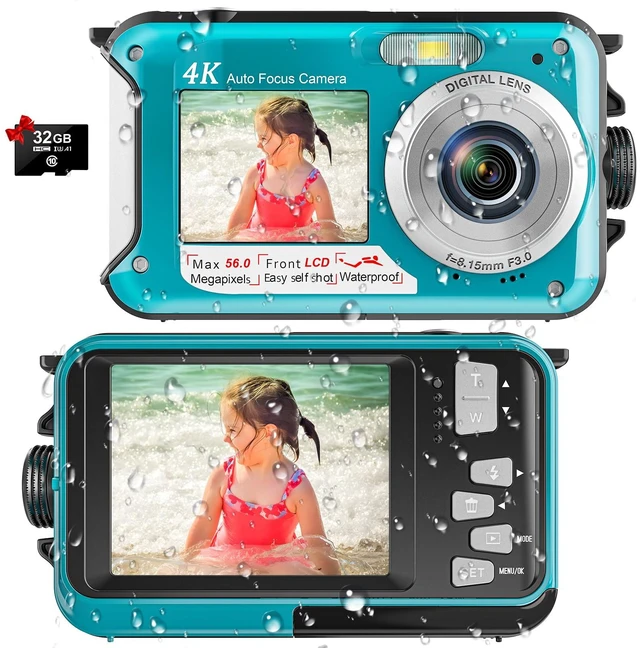 Main image of 4K Underwater Camera, 16FT Waterproof Camera, 64MP Dual-Screen, Cyan Autofocus, Floatable Compact Design, 32GB Card, 1250mAh Battery and Type-C Port for Selfies, Snorkeling and Travel