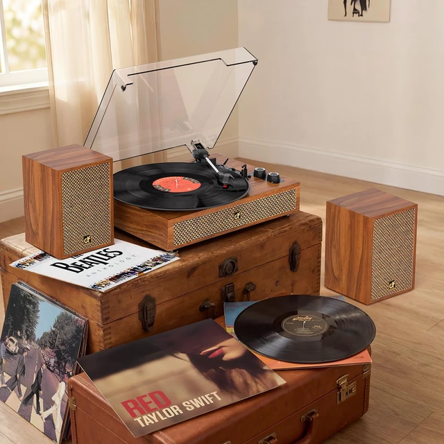 Alt view image 4 of 7 - Vinyl Record Player with Dual External Speakers Vintage 3-Speed Turntable Stereo Bookshelf Speakers, Belt Drive Bluetooth LP Player, RCA Output & AUX Input, Auto Stop, Brown Wood