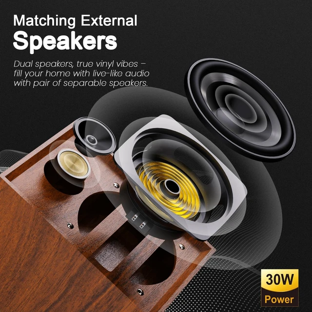 Alt view image 3 of 7 - Vinyl Record Player with Dual External Speakers Vintage 3-Speed Turntable Stereo Bookshelf Speakers, Belt Drive Bluetooth LP Player, RCA Output & AUX Input, Auto Stop, Brown Wood