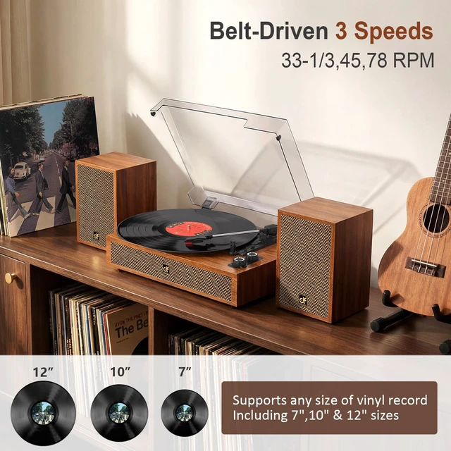 Alt view image 6 of 7 - Vinyl Record Player with Dual External Speakers Vintage 3-Speed Turntable Stereo Bookshelf Speakers, Belt Drive Bluetooth LP Player, RCA Output & AUX Input, Auto Stop, Brown Wood