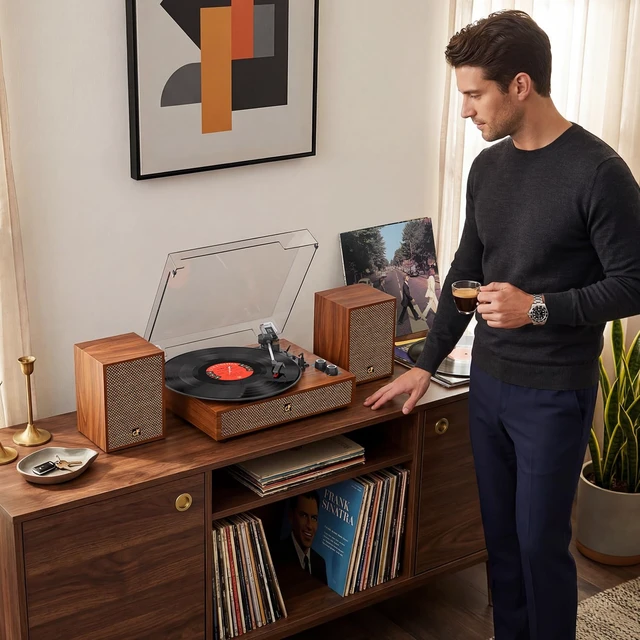 Alt view image 7 of 7 - Vinyl Record Player with Dual External Speakers Vintage 3-Speed Turntable Stereo Bookshelf Speakers, Belt Drive Bluetooth LP Player, RCA Output & AUX Input, Auto Stop, Brown Wood