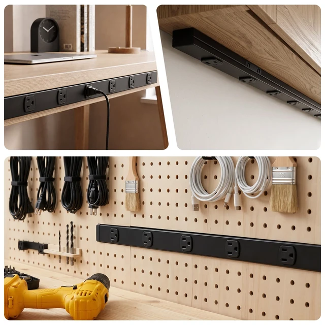 Alt view image 7 of 7 - Under Cabinet Power Strip Hardwire, 6 Tamper Resistant Outlets with 2 USB, Full-Metal Hardwired, Linkable, Power Strip for Conference Tables workbenches, ETL Listed, 15A, Black