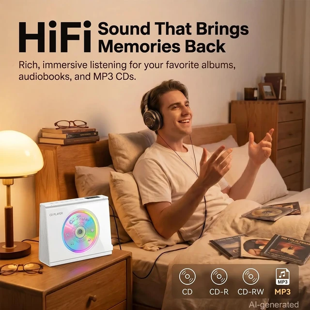 Alt view image 2 of 7 - CD Player Portable Bluetooth CD Players for Home 4000mAh Rechargable Portable CD Player with Hifi Sound & Dual Bluetooth & Dual Speakers & LCD Screen Display & Timer FM Radio Eldly Friendly