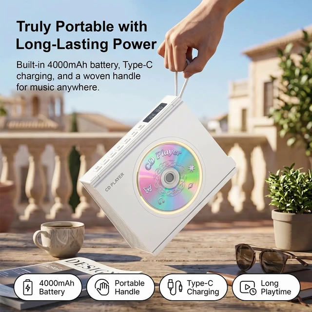 Alt view image 3 of 7 - CD Player Portable Bluetooth CD Players for Home 4000mAh Rechargable Portable CD Player with Hifi Sound & Dual Bluetooth & Dual Speakers & LCD Screen Display & Timer FM Radio Eldly Friendly
