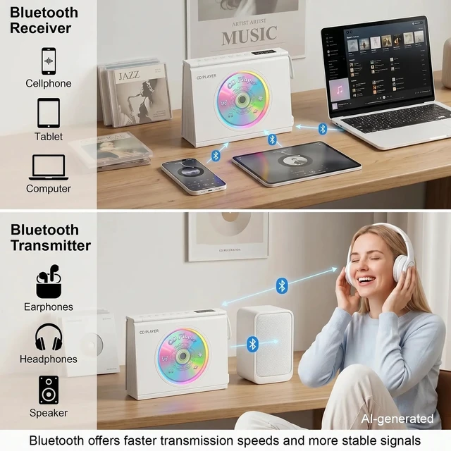Alt view image 4 of 7 - CD Player Portable Bluetooth CD Players for Home 4000mAh Rechargable Portable CD Player with Hifi Sound & Dual Bluetooth & Dual Speakers & LCD Screen Display & Timer FM Radio Eldly Friendly
