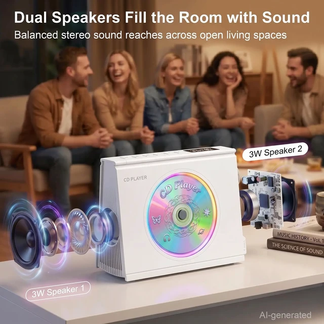 Alt view image 5 of 7 - CD Player Portable Bluetooth CD Players for Home 4000mAh Rechargable Portable CD Player with Hifi Sound & Dual Bluetooth & Dual Speakers & LCD Screen Display & Timer FM Radio Eldly Friendly