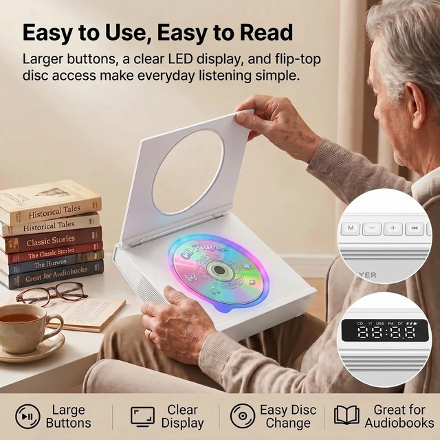 Alt view image 6 of 7 - CD Player Portable Bluetooth CD Players for Home 4000mAh Rechargable Portable CD Player with Hifi Sound & Dual Bluetooth & Dual Speakers & LCD Screen Display & Timer FM Radio Eldly Friendly