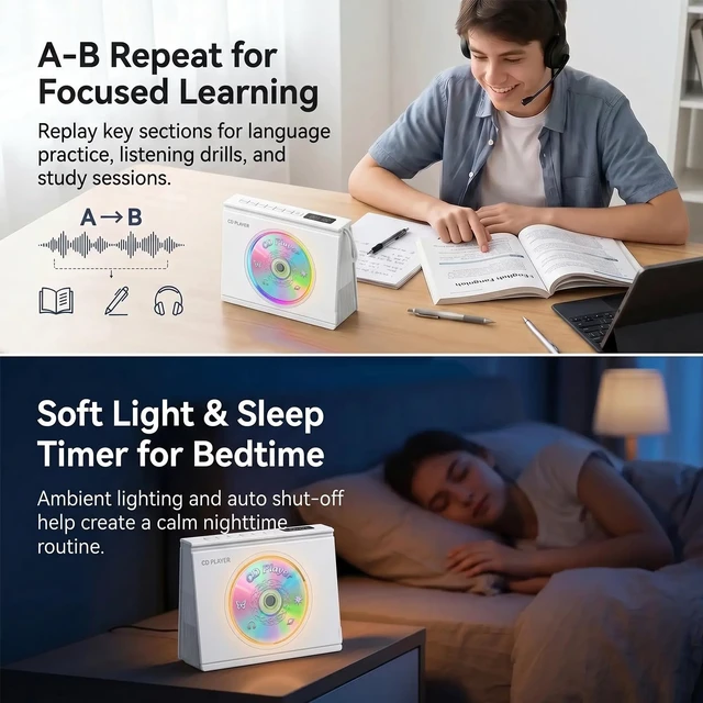 Alt view image 7 of 7 - CD Player Portable Bluetooth CD Players for Home 4000mAh Rechargable Portable CD Player with Hifi Sound & Dual Bluetooth & Dual Speakers & LCD Screen Display & Timer FM Radio Eldly Friendly