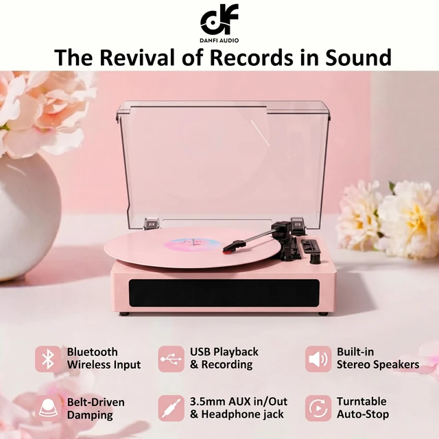 Alt view image 2 of 7 - Vinyl Record Player with Bluetooth Input & Speakers - Pink Retro 3-Speed Belt-Drive Turntable, LED Display, EQ Sound Effects, USB/SD Card Recording, Auto-Stop, RCA & Aux-in
