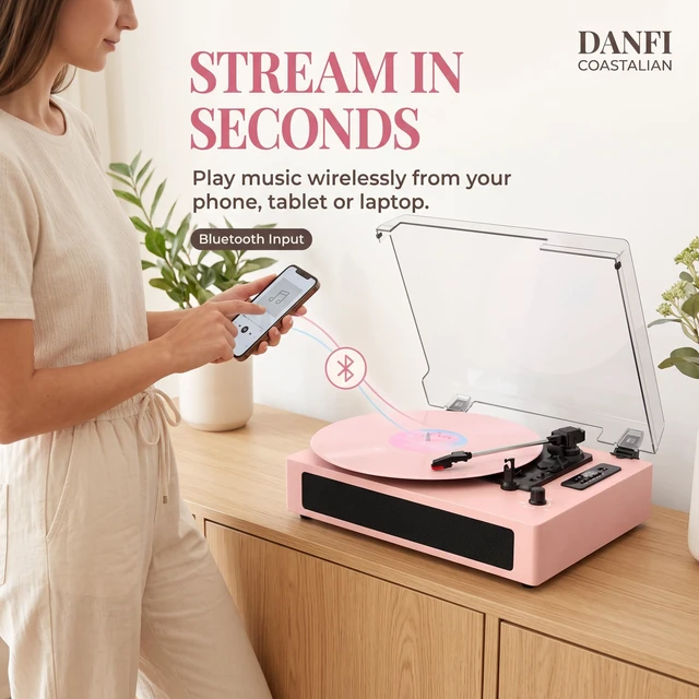 Alt view image 4 of 7 - Vinyl Record Player with Bluetooth Input & Speakers - Pink Retro 3-Speed Belt-Drive Turntable, LED Display, EQ Sound Effects, USB/SD Card Recording, Auto-Stop, RCA & Aux-in