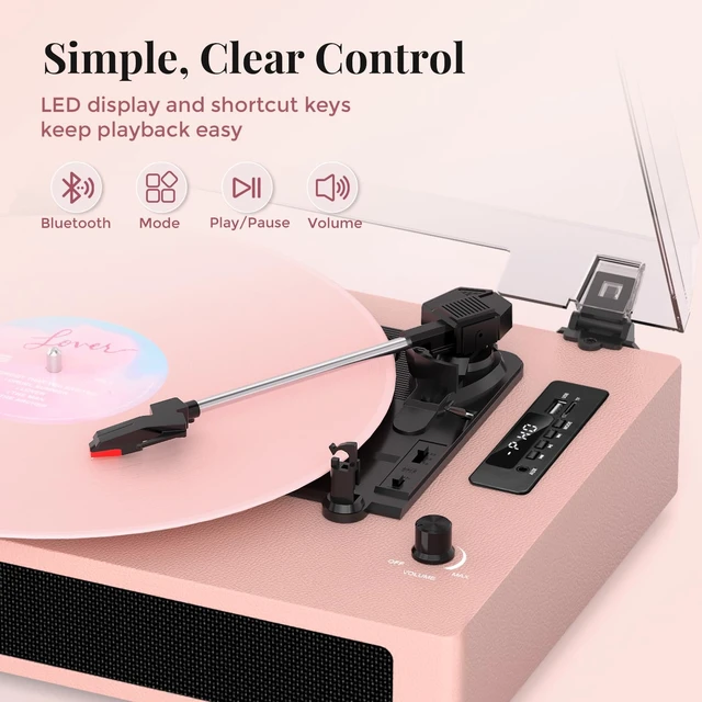 Alt view image 5 of 7 - Vinyl Record Player with Bluetooth Input & Speakers - Pink Retro 3-Speed Belt-Drive Turntable, LED Display, EQ Sound Effects, USB/SD Card Recording, Auto-Stop, RCA & Aux-in