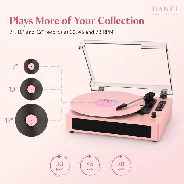 Alt view image 3 of 7 - Vinyl Record Player with Bluetooth Input & Speakers - Pink Retro 3-Speed Belt-Drive Turntable, LED Display, EQ Sound Effects, USB/SD Card Recording, Auto-Stop, RCA & Aux-in
