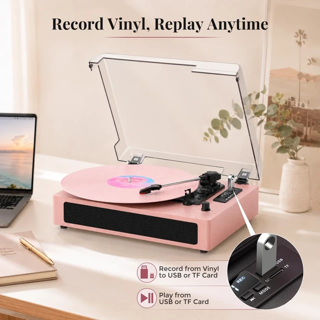 Alt view image 6 of 7 - Vinyl Record Player with Bluetooth Input & Speakers - Pink Retro 3-Speed Belt-Drive Turntable, LED Display, EQ Sound Effects, USB/SD Card Recording, Auto-Stop, RCA & Aux-in