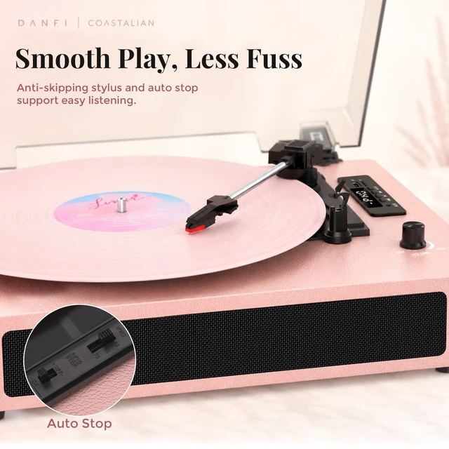 Alt view image 7 of 7 - Vinyl Record Player with Bluetooth Input & Speakers - Pink Retro 3-Speed Belt-Drive Turntable, LED Display, EQ Sound Effects, USB/SD Card Recording, Auto-Stop, RCA & Aux-in