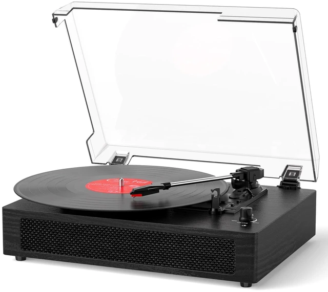Main image of Vinyl Record Player with Bluetooth & Built-in Stereo Speakers, Vintage 3-Speed Belt-Drive Turntable with Auto Stop, RCA Output & AUX in/Out, Black Wood