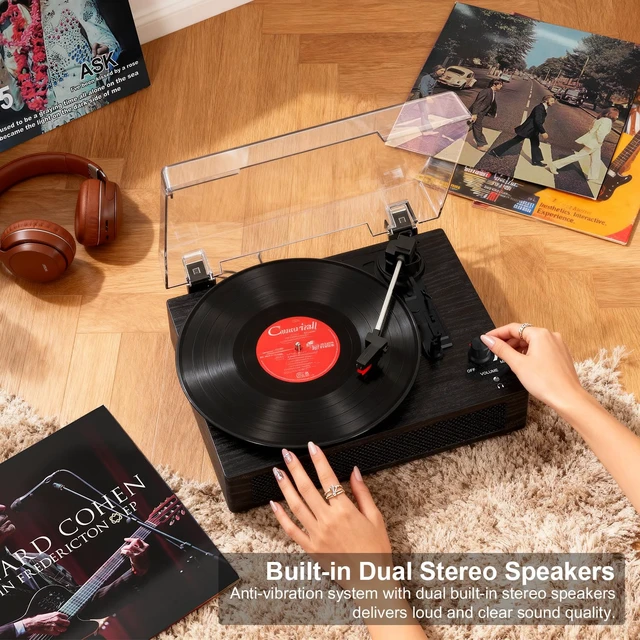 Alt view image 2 of 7 - Vinyl Record Player with Bluetooth & Built-in Stereo Speakers, Vintage 3-Speed Belt-Drive Turntable with Auto Stop, RCA Output & AUX in/Out, Black Wood