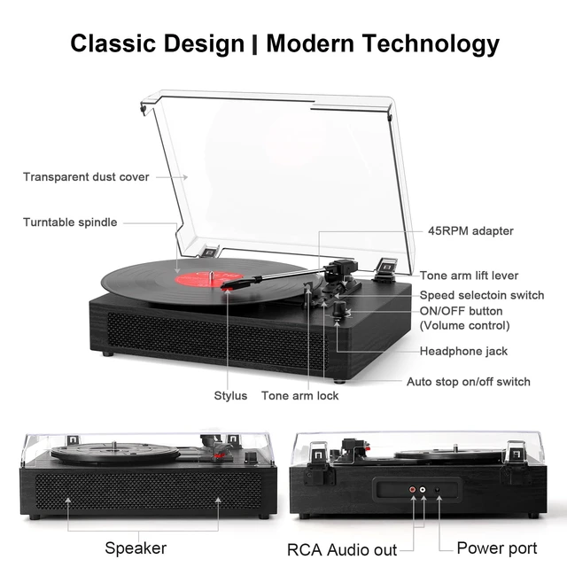 Alt view image 3 of 7 - Vinyl Record Player with Bluetooth & Built-in Stereo Speakers, Vintage 3-Speed Belt-Drive Turntable with Auto Stop, RCA Output & AUX in/Out, Black Wood
