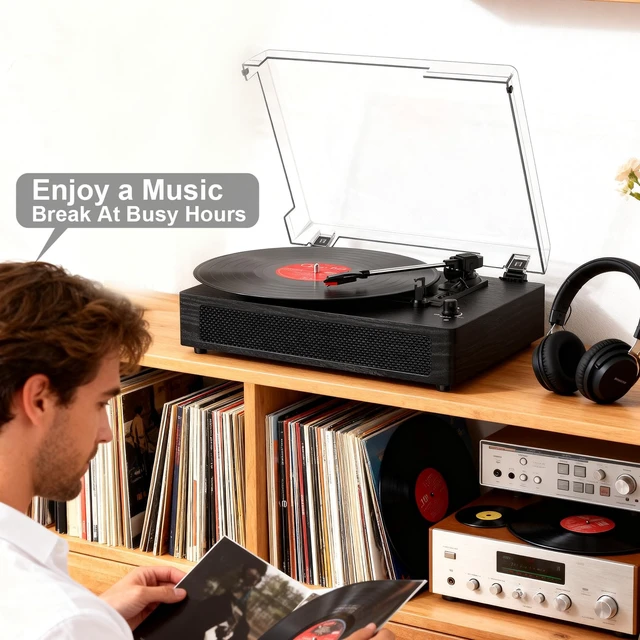 Alt view image 5 of 7 - Vinyl Record Player with Bluetooth & Built-in Stereo Speakers, Vintage 3-Speed Belt-Drive Turntable with Auto Stop, RCA Output & AUX in/Out, Black Wood