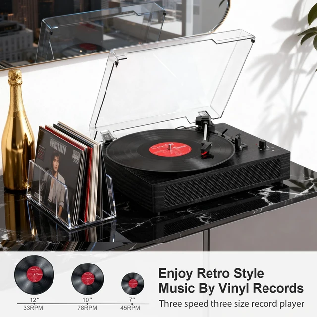 Alt view image 6 of 7 - Vinyl Record Player with Bluetooth & Built-in Stereo Speakers, Vintage 3-Speed Belt-Drive Turntable with Auto Stop, RCA Output & AUX in/Out, Black Wood