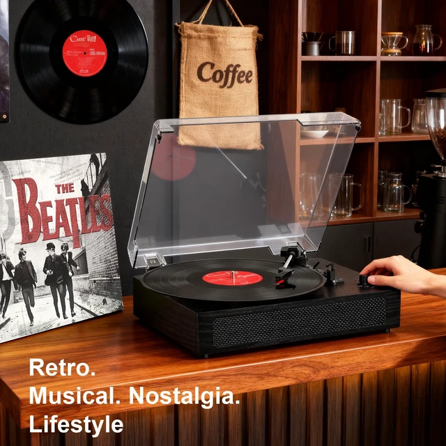 Alt view image 4 of 7 - Vinyl Record Player with Bluetooth & Built-in Stereo Speakers, Vintage 3-Speed Belt-Drive Turntable with Auto Stop, RCA Output & AUX in/Out, Black Wood