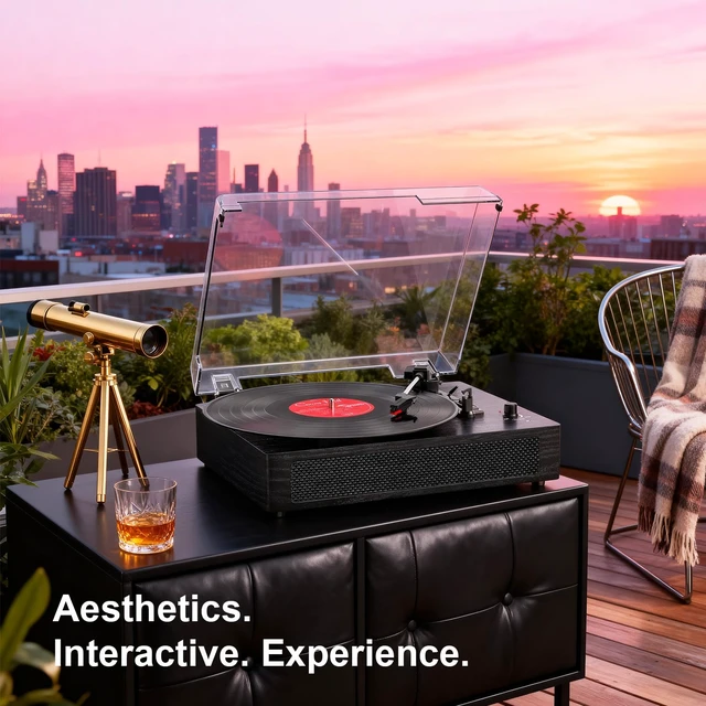 Alt view image 7 of 7 - Vinyl Record Player with Bluetooth & Built-in Stereo Speakers, Vintage 3-Speed Belt-Drive Turntable with Auto Stop, RCA Output & AUX in/Out, Black Wood