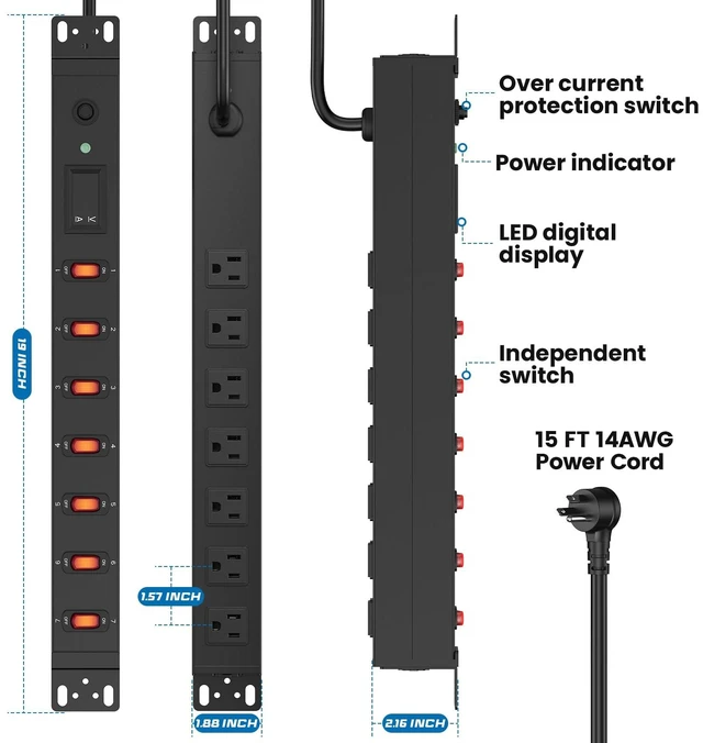 Alt view image 7 of 7 - 7 Outlet PDU Power Strip with Digital Display, 1U, Black, 15FT, 1 19inch Metal Mountable Outlet Strip with Individual Switch, for Network, Server, Audio Equipment Racks, 1200J