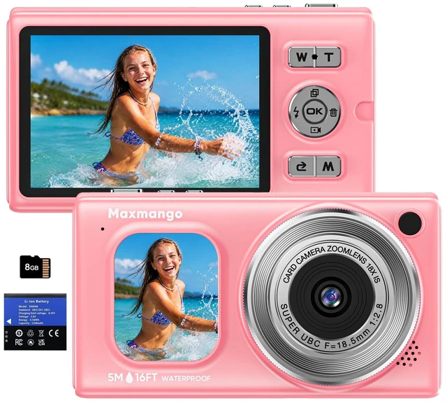 Main image of 16FT Underwater Digital Camera, 4K 48MP 1500mAh Removable Battery 18X Zoom D71 Waterproof Compact Floatable Camera for Snorkeling Diving Swimming Surfing, Dual Screens - Pink(8GB)