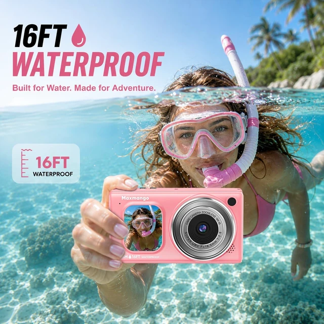 Alt view image 2 of 7 - 16FT Underwater Digital Camera, 4K 48MP 1500mAh Removable Battery 18X Zoom D71 Waterproof Compact Floatable Camera for Snorkeling Diving Swimming Surfing, Dual Screens - Pink(8GB)