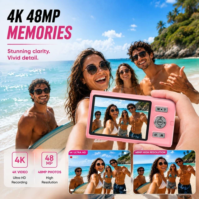 Alt view image 3 of 7 - 16FT Underwater Digital Camera, 4K 48MP 1500mAh Removable Battery 18X Zoom D71 Waterproof Compact Floatable Camera for Snorkeling Diving Swimming Surfing, Dual Screens - Pink(8GB)