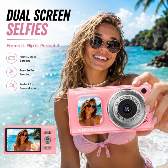 Alt view image 4 of 7 - 16FT Underwater Digital Camera, 4K 48MP 1500mAh Removable Battery 18X Zoom D71 Waterproof Compact Floatable Camera for Snorkeling Diving Swimming Surfing, Dual Screens - Pink(8GB)