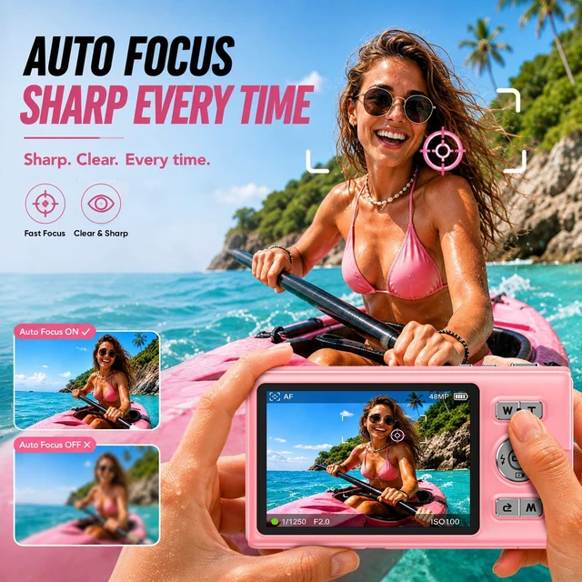 Alt view image 5 of 7 - 16FT Underwater Digital Camera, 4K 48MP 1500mAh Removable Battery 18X Zoom D71 Waterproof Compact Floatable Camera for Snorkeling Diving Swimming Surfing, Dual Screens - Pink(8GB)