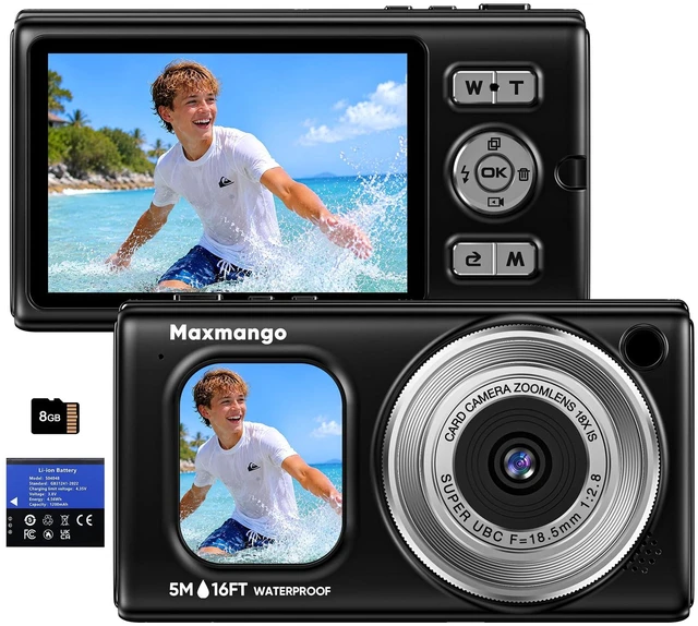 Main image of 16FT Underwater Digital Camera, 4K 48MP 1500mAh Removable Battery 18X Zoom D71 Waterproof Compact Floatable Camera for Snorkeling Diving Swimming Surfing, Dual Screens - Black(8GB)