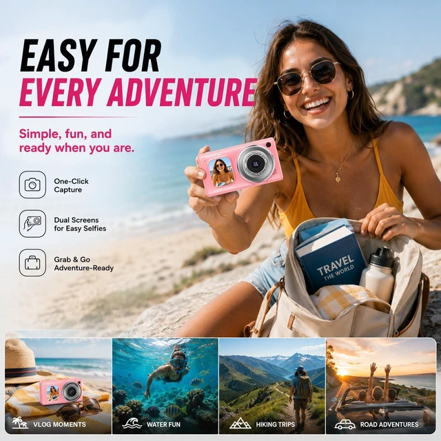 Alt view image 7 of 7 - 16FT Underwater Digital Camera, 4K 48MP 1500mAh Removable Battery 18X Zoom D71 Waterproof Compact Floatable Camera for Snorkeling Diving Swimming Surfing, Dual Screens - Pink(8GB)