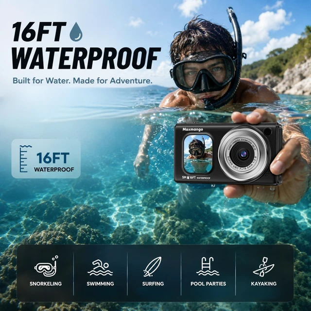 Alt view image 2 of 7 - 16FT Underwater Digital Camera, 4K 48MP 1500mAh Removable Battery 18X Zoom D71 Waterproof Compact Floatable Camera for Snorkeling Diving Swimming Surfing, Dual Screens - Black(8GB)
