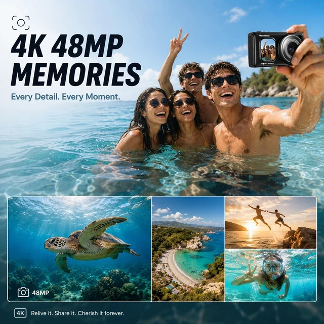 Alt view image 3 of 7 - 16FT Underwater Digital Camera, 4K 48MP 1500mAh Removable Battery 18X Zoom D71 Waterproof Compact Floatable Camera for Snorkeling Diving Swimming Surfing, Dual Screens - Black(8GB)