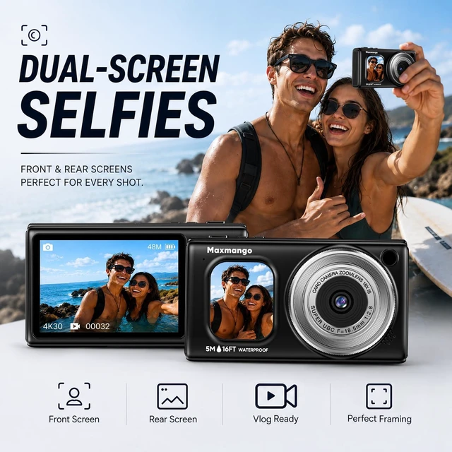 Alt view image 4 of 7 - 16FT Underwater Digital Camera, 4K 48MP 1500mAh Removable Battery 18X Zoom D71 Waterproof Compact Floatable Camera for Snorkeling Diving Swimming Surfing, Dual Screens - Black(8GB)