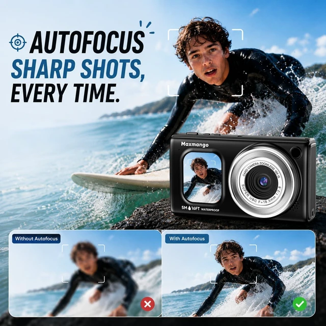 Alt view image 5 of 7 - 16FT Underwater Digital Camera, 4K 48MP 1500mAh Removable Battery 18X Zoom D71 Waterproof Compact Floatable Camera for Snorkeling Diving Swimming Surfing, Dual Screens - Black(8GB)