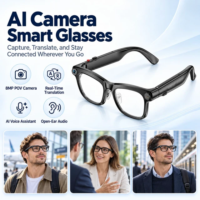 Alt view image 2 of 7 - AI Smart Glasses with Camera, 4K Video & Real-Time Translation 4K video recording glasses, 8MP photos, EIS Anti-Shake, Chatgpt, HD calls, open-ear audio, 42g frame, IP65