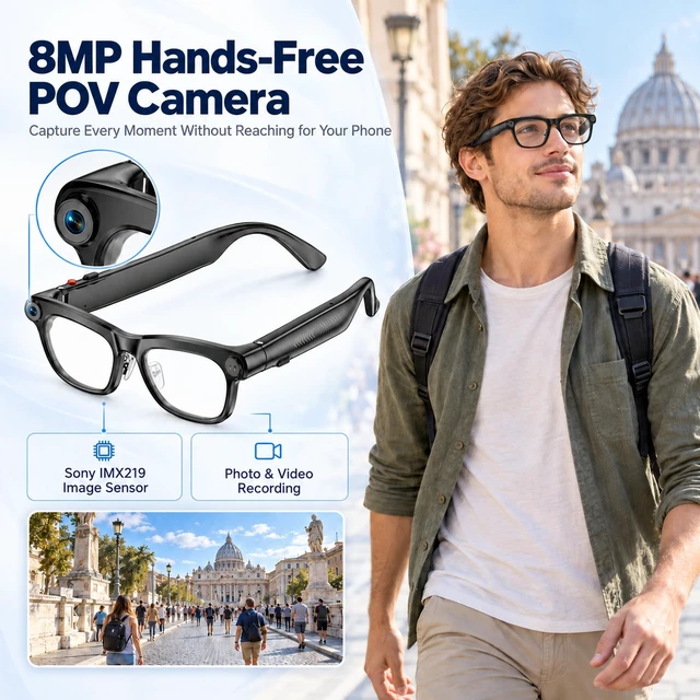 Alt view image 3 of 7 - AI Smart Glasses with Camera, 4K Video & Real-Time Translation 4K video recording glasses, 8MP photos, EIS Anti-Shake, Chatgpt, HD calls, open-ear audio, 42g frame, IP65