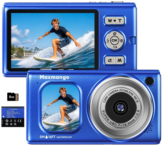 Main image of 16FT Underwater Digital Camera, 4K 48MP 1500mAh Removable Battery 18X Zoom D71 Waterproof Compact Floatable Camera for Snorkeling Diving Swimming Surfing, Dual Screens - Blue(8GB)