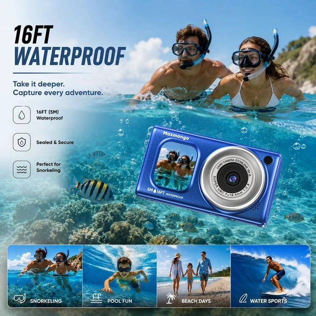 Alt view image 2 of 7 - 16FT Underwater Digital Camera, 4K 48MP 1500mAh Removable Battery 18X Zoom D71 Waterproof Compact Floatable Camera for Snorkeling Diving Swimming Surfing, Dual Screens - Blue(8GB)