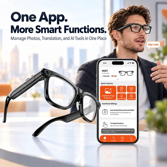 Alt view image 5 of 7 - AI Smart Glasses with Camera, 4K Video & Real-Time Translation 4K video recording glasses, 8MP photos, EIS Anti-Shake, Chatgpt, HD calls, open-ear audio, 42g frame, IP65