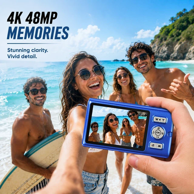Alt view image 3 of 7 - 16FT Underwater Digital Camera, 4K 48MP 1500mAh Removable Battery 18X Zoom D71 Waterproof Compact Floatable Camera for Snorkeling Diving Swimming Surfing, Dual Screens - Blue(8GB)
