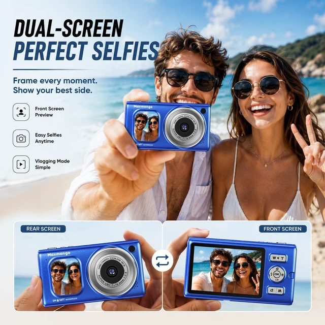 Alt view image 4 of 7 - 16FT Underwater Digital Camera, 4K 48MP 1500mAh Removable Battery 18X Zoom D71 Waterproof Compact Floatable Camera for Snorkeling Diving Swimming Surfing, Dual Screens - Blue(8GB)