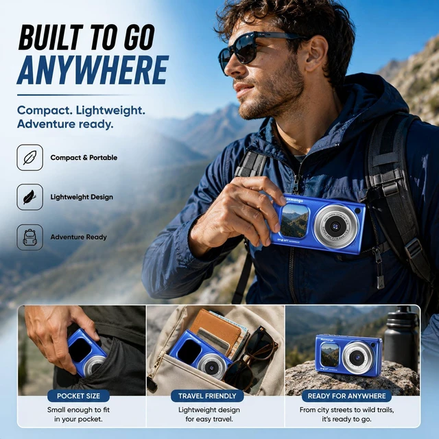 Alt view image 7 of 7 - 16FT Underwater Digital Camera, 4K 48MP 1500mAh Removable Battery 18X Zoom D71 Waterproof Compact Floatable Camera for Snorkeling Diving Swimming Surfing, Dual Screens - Blue(8GB)
